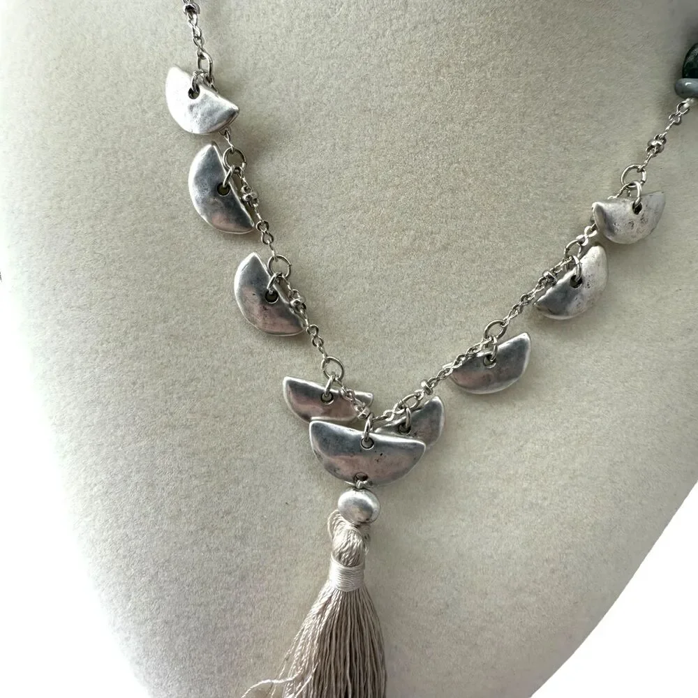 J. Jill Tassel Necklace Beaded Stone Silver Tone Faceted Charm Boho Long 36” NWT - Picture 4 of 9